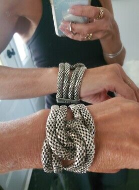 Vintage Chunky Silver Mesh Chain Love Knot Bracelet Cuff